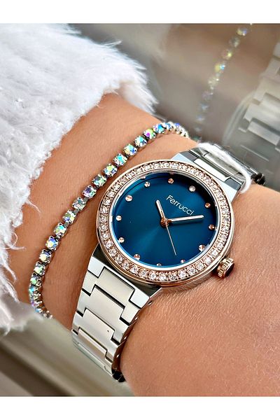 Ferrucci Silver Color Stone Model Simple Women's Wrist Watch + Bracelet