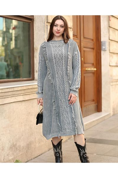 Sosyete Kaplumbağa Authentic 100% Cotton Knitwear Long Sleeve Print Knitted and Tassel Detailed Washable Dress