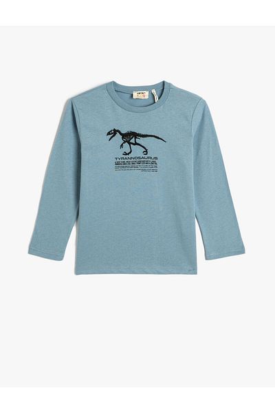 Koton Μπλουζάκι με στάμπα Dinosaur, μακρυμάνικο, βαμβακερό λαιμόκοψη