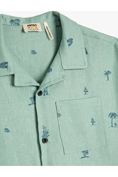 Koton Oversize λινό πουκάμισο με κοντό μανίκι Palm Tree με στάμπα μονή τσέπη
