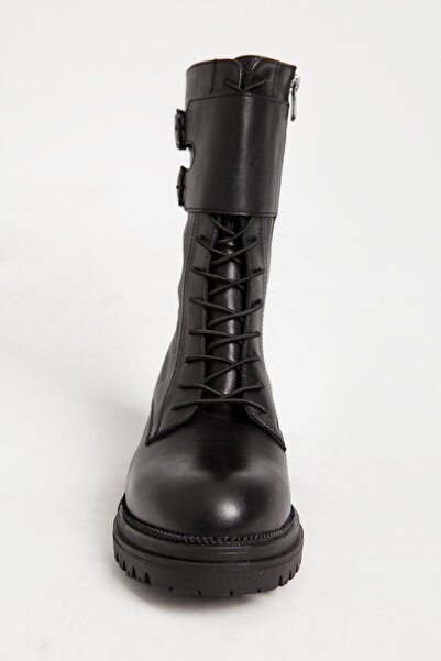 Dericlub Boots Leather Boots for Women - Thick Sole, Zip Belt, Real Leather, Br 06146 Black