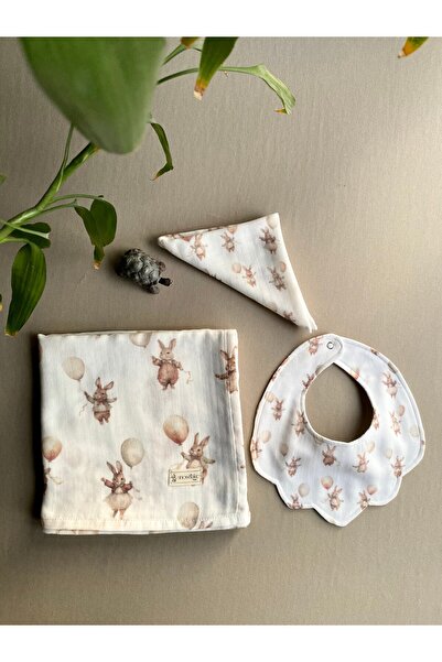 SNOWFLAKE طقم من القطن العضوي بنقشة أرنب من الموسلين، مريلة، منديل