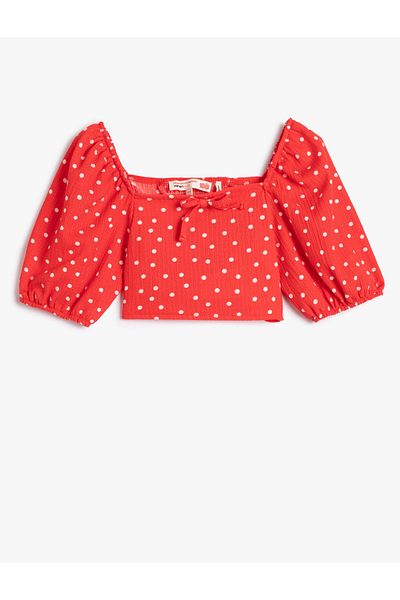 Koton Balloon Sleeve Crop blúz pöttyös, vékony szabású masnival