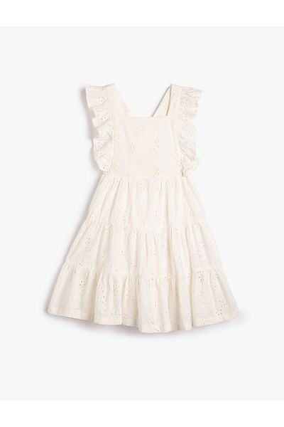 Koton Floral Embroidered Ruffle Dress with Straps on the Back and Cotton