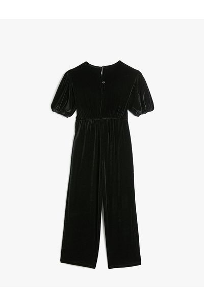 Koton Espadrille Velvet Jumpsuit - Balloon Sleeve and Waist Tie