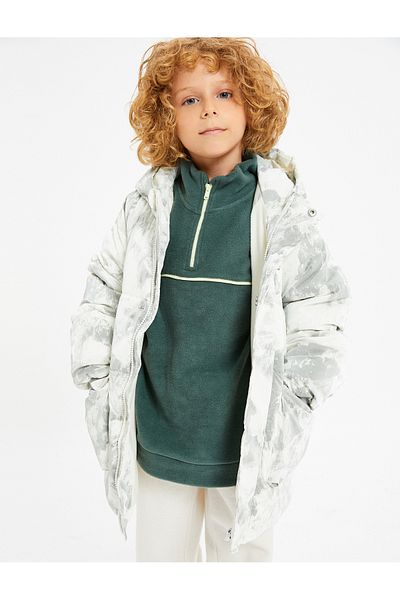 Koton Hooded Coat Padded Batik Patterned Fleece Lined Inside Wind Flap