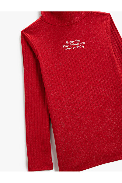 Koton Turtleneck T-Shirt Long Sleeve Slogan Print Detailed Ribbed