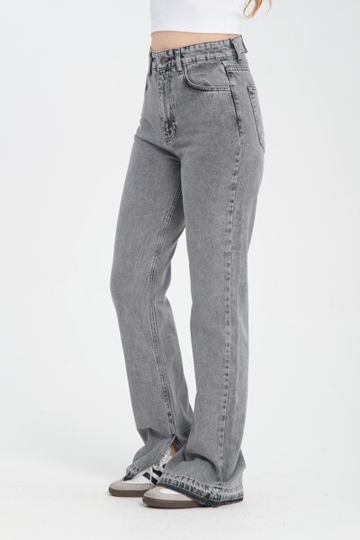 Shoppingdimoda %100 Pamuk, Yüksek Bel, Geniş Paça Yırtmaç Detaylı Kadın Kot P...