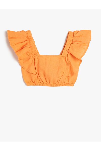 Koton Linen Crop Blouse Butterfly Sleeve Square Neck