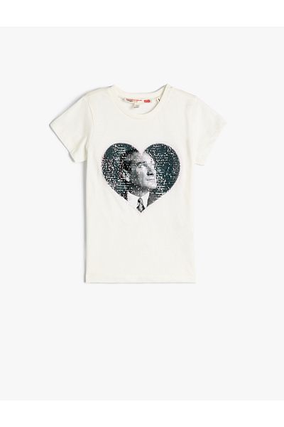 Koton 29 Οκτωβρίου T-shirt με παγιέτες, κεντημένο κοντό μανίκι, βαμβακερό λαιμόκοψη