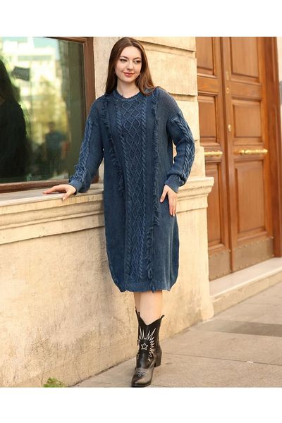 Sosyete Kaplumbağa Authentic 100% Cotton Knitwear Long Sleeve Print Knitted and Tassel Detailed Washable Dress