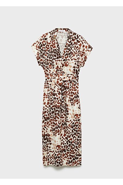 MANGO Woman Leopar desenli bağ detaylı elbise