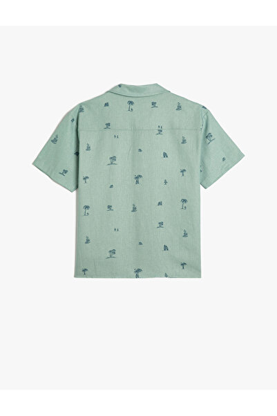 Koton Oversize λινό πουκάμισο με κοντό μανίκι Palm Tree με στάμπα μονή τσέπη