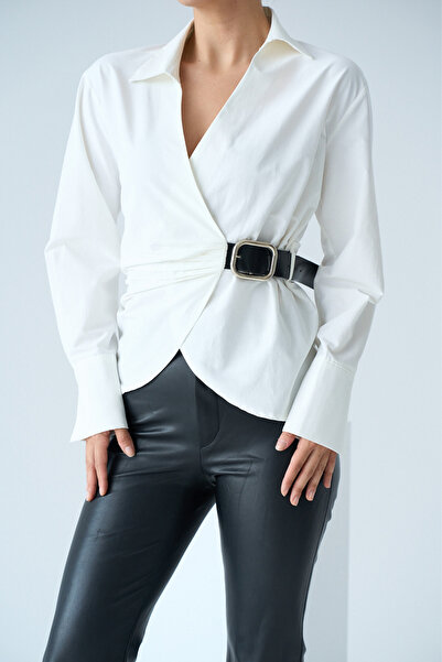 TUĞÇE ÖZER BUTİK Women's Ecru Double Breasted Collar Belted Shirt