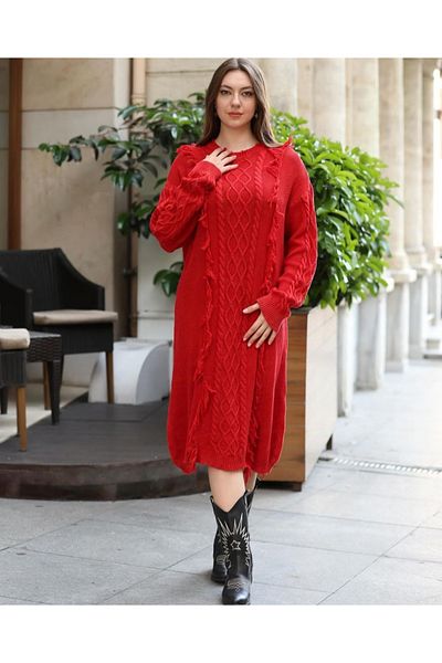 Sosyete Kaplumbağa Authentic 100% Cotton Knitwear Long Sleeve Print Knitted and Tassel Detailed Washable Dress