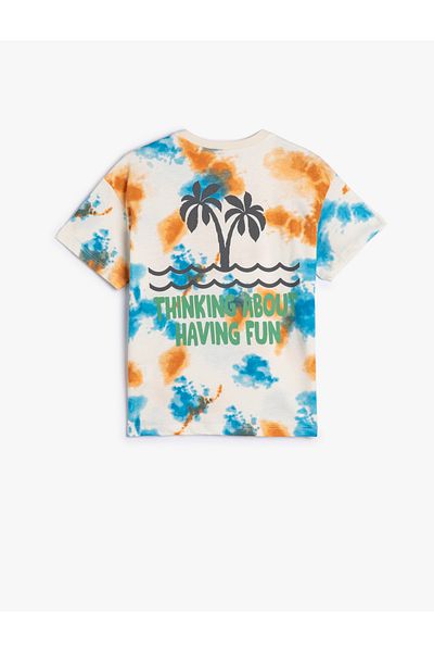 Koton Oversize T-Shirt Batik Patterned Palm Tree Printed on the Back Short Sleeve Cotton