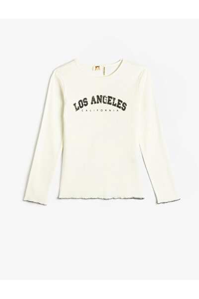 Koton تي شيرت بأكمام طويلة وطبعة رقبة دائرية من القطن المطبوع