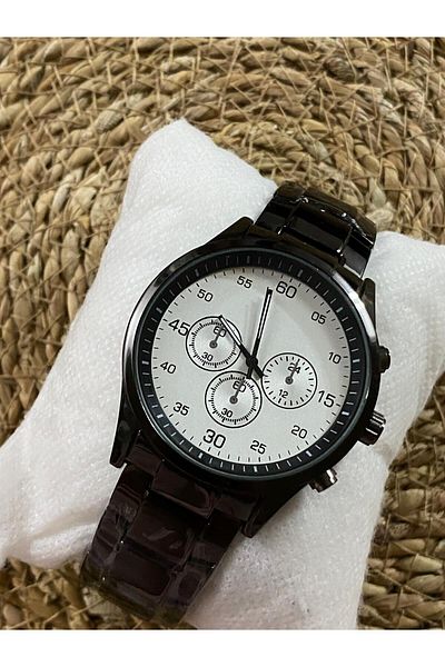 Brality Men's Black Waterproof Steel Band Wrist Watch - White Dial, Triple Detail - 6041