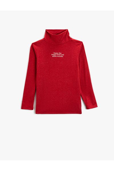 Koton Turtleneck T-Shirt Long Sleeve Slogan Print Detailed Ribbed