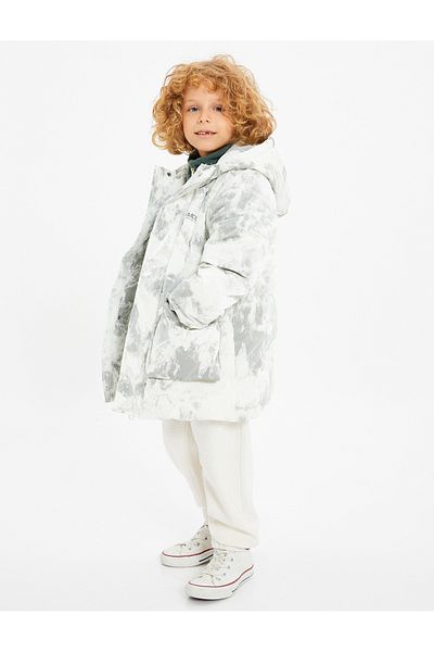 Koton Hooded Coat Padded Batik Patterned Fleece Lined Inside Wind Flap