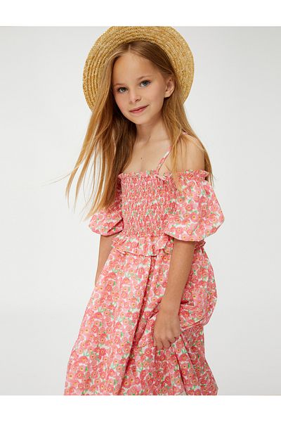 Koton Φόρεμα Floral Off Shoulder Μπαλόνι μανίκια Gipe Λεπτομερή βολάν