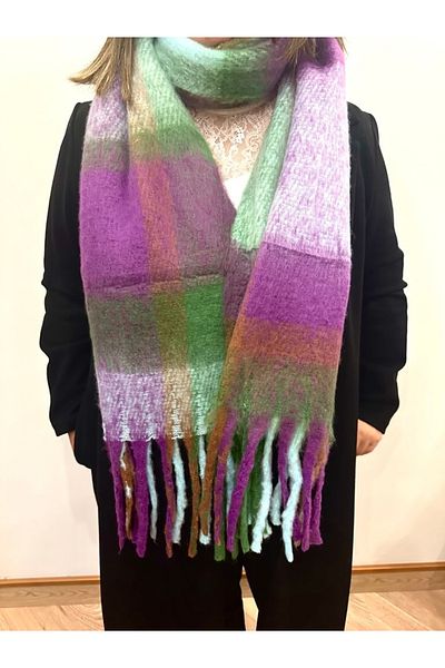 alsaccessories Square Patterned Colorful Purple Boucle Thick Puff Shawl, Scarf Length 205X Width 40 cm
