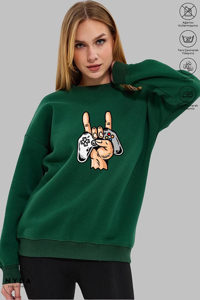 Nyda Collections Unisex μακρυμάνικη κονσόλα παιχνιδιών με στάμπα με λαιμόκοψη χωρίς κουκούλα υπερμεγέθη φούτερ