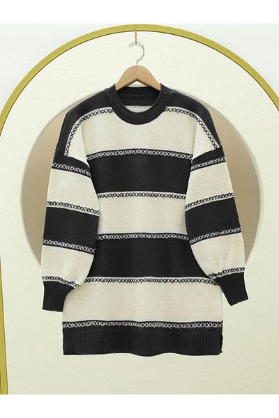 Modamorfo Cross Stripe Patterned Knitwear Tunic - Black