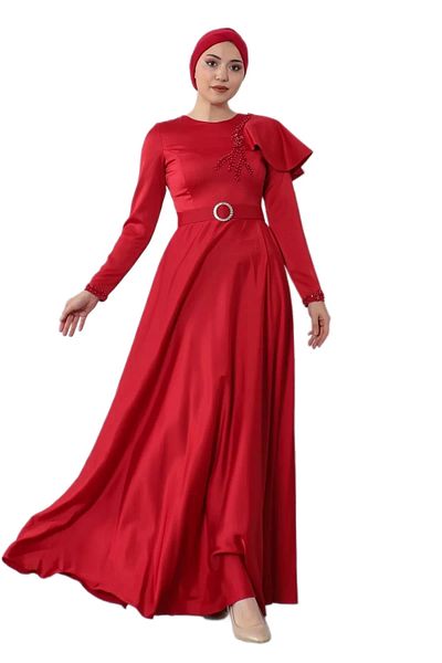 PHELDA Shoulder Detailed Hijab Evening Dress 701-red