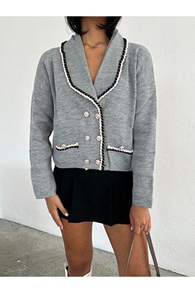 Kayaka triko Buttoned Neckline Knitted Cardigan with Pocket Detail