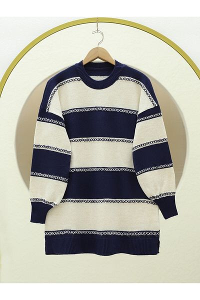 Modamorfo Marineblaue Strick-Tunika mit Kreuzstreifenmuster