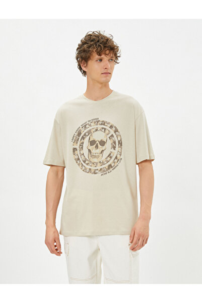 Koton Skull Printed T-Shirt Off Shoulder Crew Neck Cotton