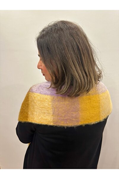 alsaccessories Yellow-Purple Square Pattern Boucle Puff Shawl - Length 205X Width 40 cm