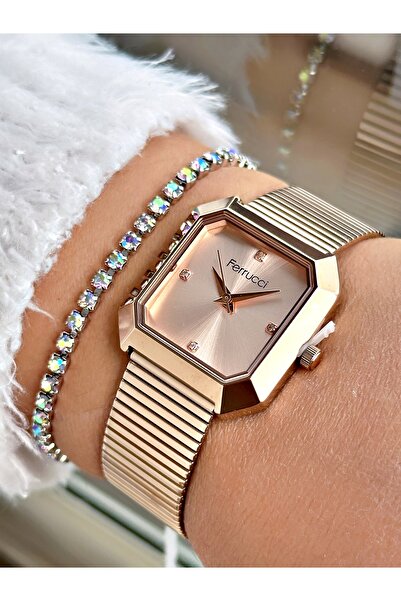 Ferrucci Rose Gold Renk Kare Model Hasır Kordon Kadın Kol Saati + BİLEKLİK