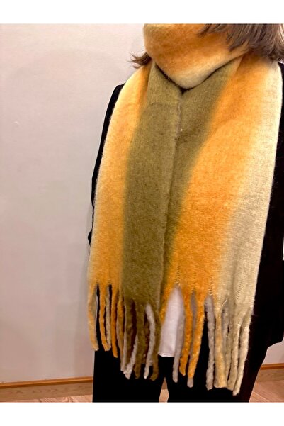 alsaccessories Yellow-Green Color Square Pattern Boucle Puff Shawl - 205X40 Cm, Scarf Length