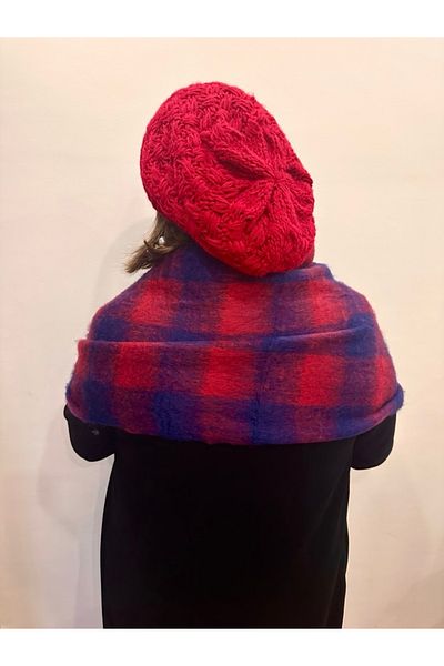alsaccessories Red-Navy Square Pattern Boucle Puff Shawl - Scarf Length 205X40 cm