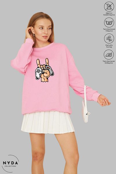 Nyda Collections Unisex μακρυμάνικη κονσόλα παιχνιδιών με στάμπα με λαιμόκοψη χωρίς κουκούλα υπερμεγέθη φούτερ