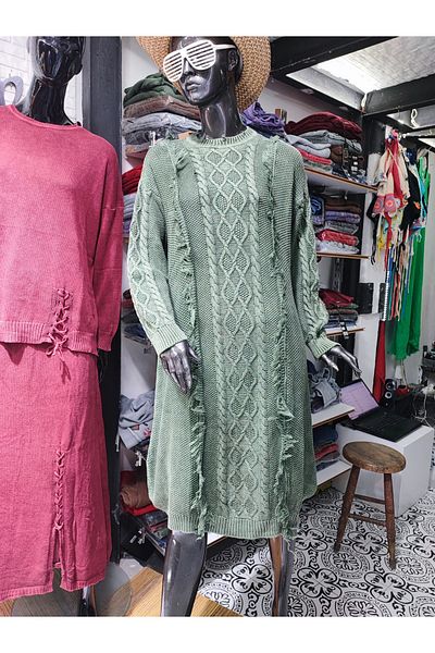 Sosyete Kaplumbağa Authentic 100% Cotton Knitwear Long Sleeve Print Knitted and Tassel Detailed Washable Dress