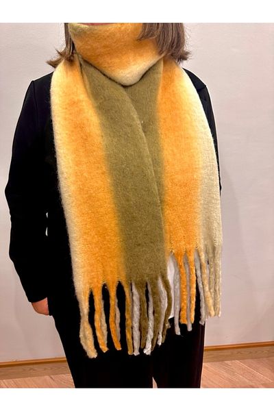 alsaccessories Yellow-Green Color Square Pattern Boucle Puff Shawl - 205X40 Cm, Scarf Length