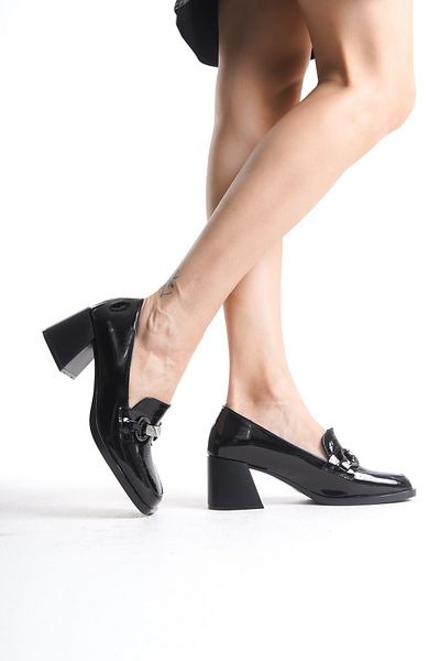 MARSEDO Black Patent Leather - Blunt Toe Stiletto Shoes with Thick Heels and Buckle Detail