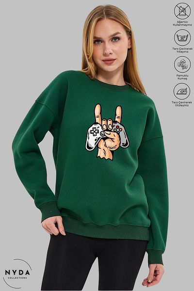 Nyda Collections Unisex μακρυμάνικη κονσόλα παιχνιδιών με στάμπα με λαιμόκοψη χωρίς κουκούλα υπερμεγέθη φούτερ
