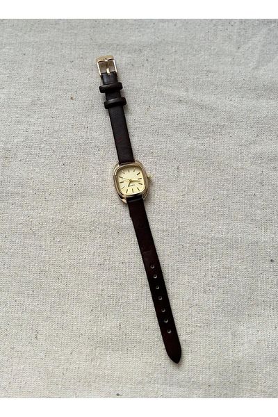 QUARTZ Bitter Brown Leather Band Minimal Women's Wristwatch