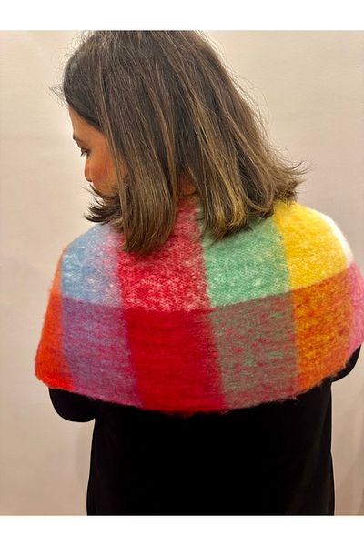 alsaccessories Square Pattern Colorful Red Boucle Thick Puff Shawl with Scarf Length 205X Width 40 cm