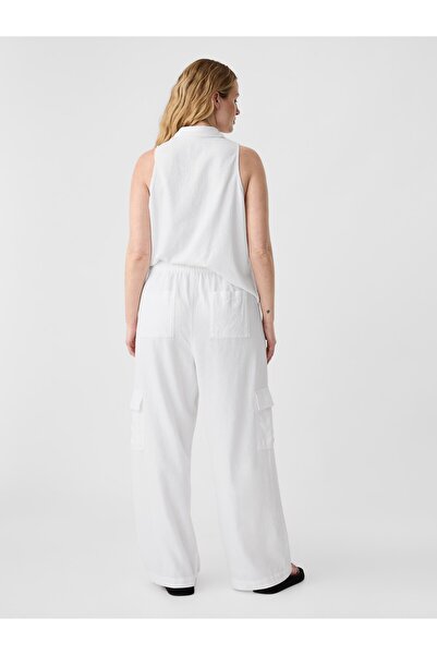 GAP Kadın Beyaz Keten Karışımlı Wide-Leg Kargo Pull-On Pantolon