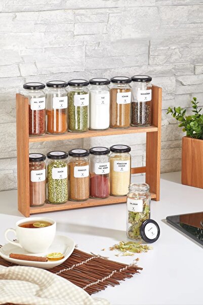 KukiWood 12 Kavanozlu Baharatlık 244 ml , Ahşap Stantlı Baharatlık Takımı 24 ...