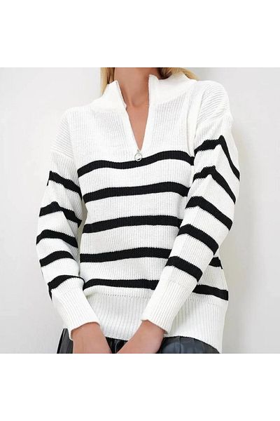 Butik Pulover de damă alb cu fermoar în dungi