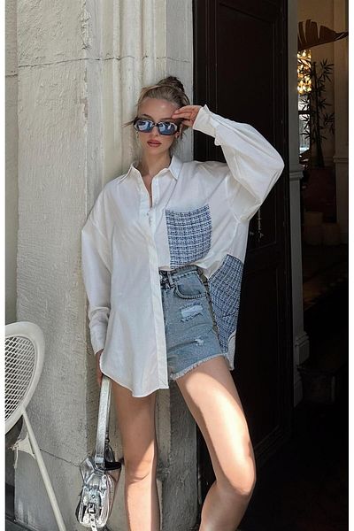 FASHION COCKTAIL Cămașă în carouri din tweed brodat cu cal - petice asimetric, buzunare cu nasturi