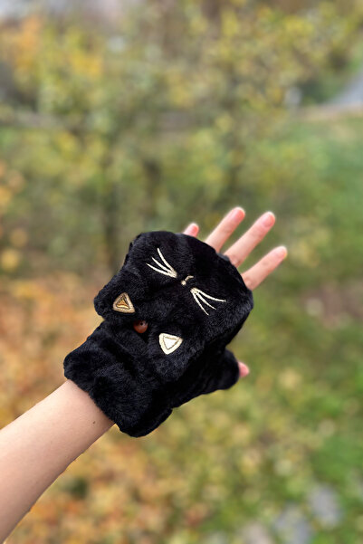 novon Cute Black Cat Design Premium Plush Gloves with Fur Cover Buttons Inside