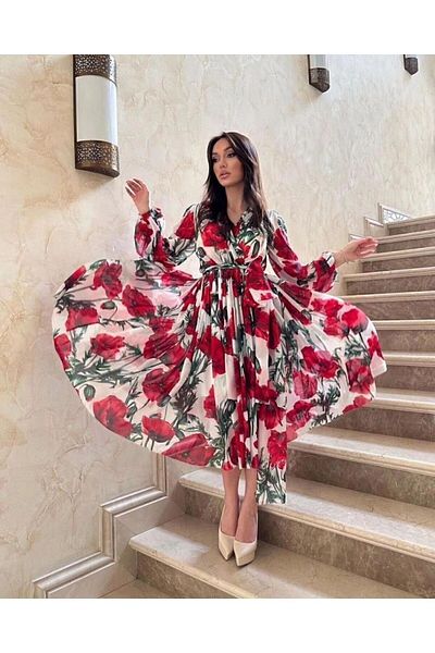 Jennyfer Chic Trend Crepe Poppy Pattern Maxi Long Sleeve Wedding Evening Evening Dress