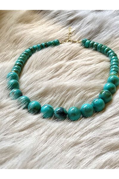 Gözde Tasarım Butik Turquoise Colored Batik Patterned Imported Bead Necklace - Round with Rings